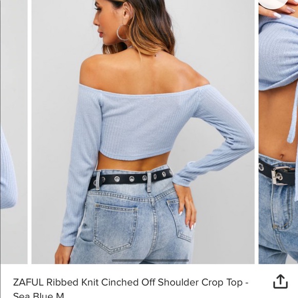 Ribbed Knit Cinched Off Shoulder Crop Top - Picture 2 of 3